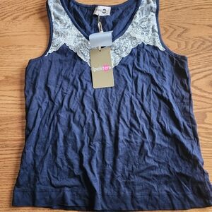 Navy Blue Lace Trim Women's Top